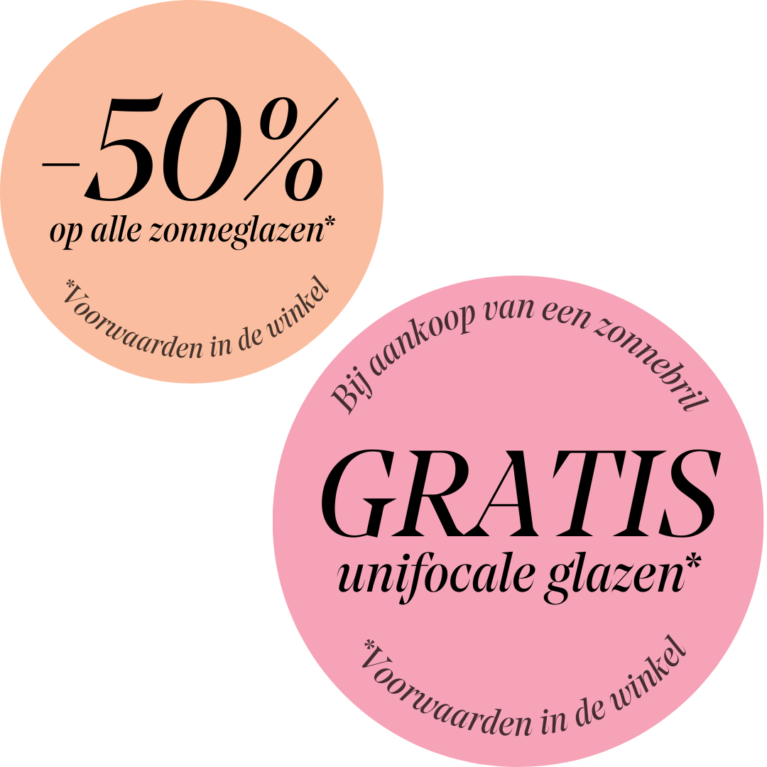 Acties gevisualiseerd in gekleurde cirkels. 50 percent korting op alle zonneglazen en bij aankoop van een zonnebril ontvang je gratis unifocale glazen. Voorwaarden in de winkel bij Optiek Geyskens.